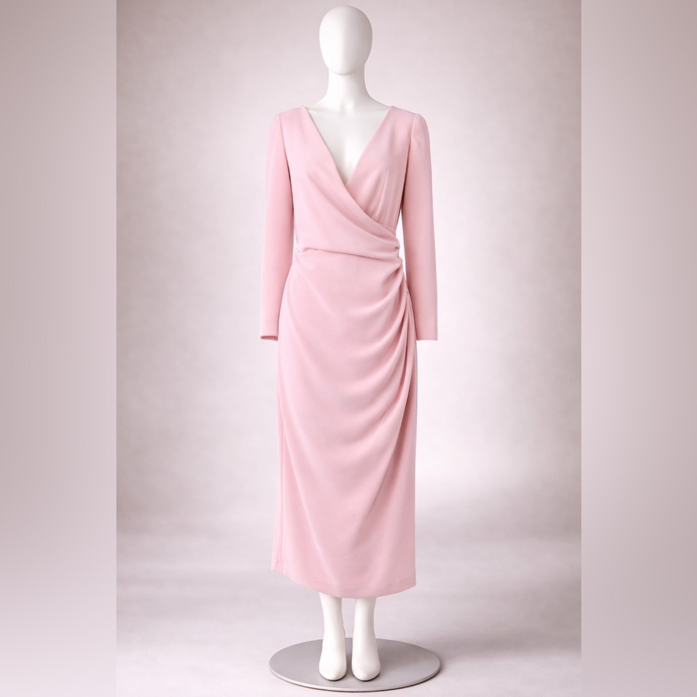 Blush Pink Wrap Midi Dress – Long Sleeve Elegant Occasion Dress